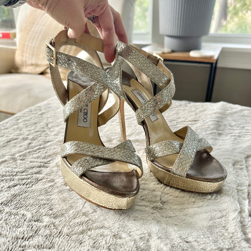 Jimmy Choo Vamp Glitter Silver and Gold Platform Heels Size 39.5